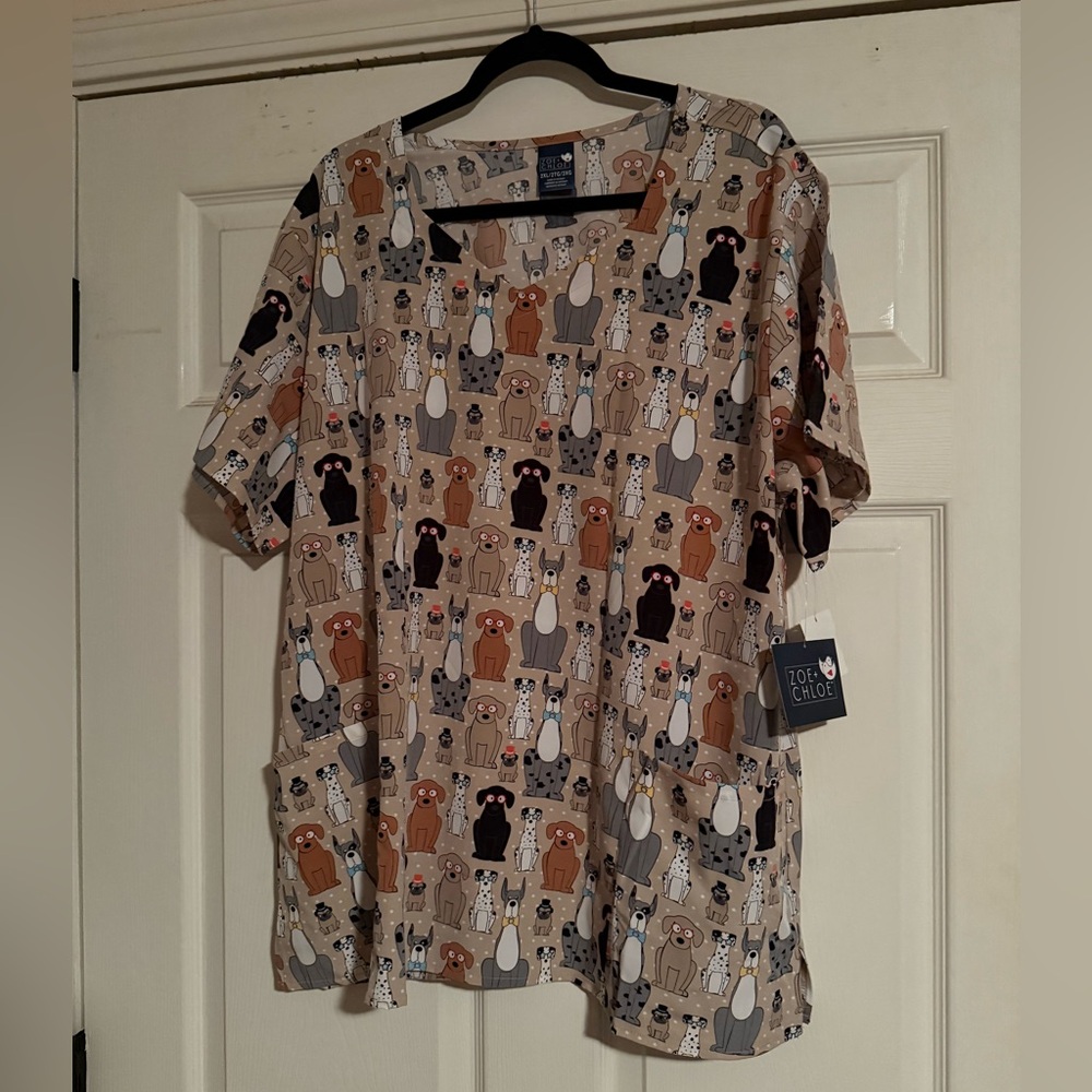 NWT Dog Print Beige Scrub Top